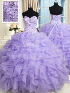 Captivating Floor Length Lace Up Quinceanera Gowns Lavender for Military Ball and Sweet 16 and Quinceanera with Beading and Ruffles