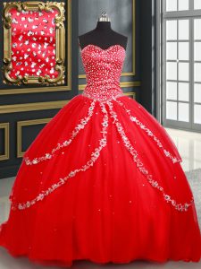 Unique Red Lace Up Quinceanera Gowns Beading and Appliques Sleeveless