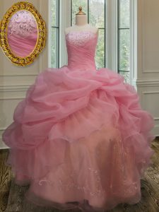 Simple Pink Sleeveless Embroidery and Pick Ups Floor Length Quinceanera Dresses