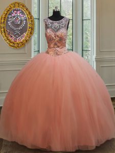 Scoop Beading and Sequins Vestidos de Quinceanera Peach Lace Up Sleeveless Floor Length