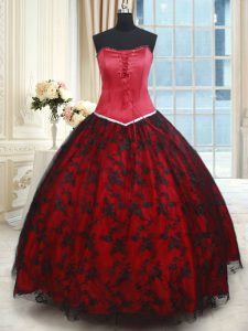 Black and Red Ball Gown Prom Dress Military Ball and Sweet 16 and Quinceanera and For with Lace Strapless Sleeveless Lace Up