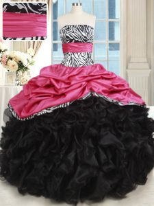High End Pink And Black Ball Gowns Beading and Ruffles Quinceanera Gowns Lace Up Organza and Taffeta Sleeveless Floor Length
