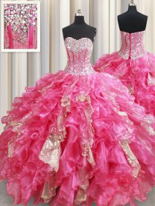 Hot Pink Ball Gowns Organza Sweetheart Sleeveless Beading and Ruffles and Sequins Floor Length Lace Up 15th Birthday Dress