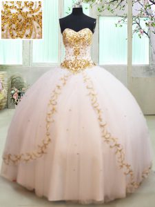 Simple White Sweetheart Lace Up Beading and Appliques Ball Gown Prom Dress Sleeveless