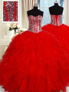 Wonderful Sequins Ball Gowns Quinceanera Gown Red Sweetheart Tulle Sleeveless Floor Length Lace Up