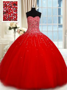Red Ball Gowns Sweetheart Sleeveless Tulle Floor Length Lace Up Beading 15 Quinceanera Dress