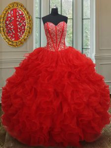 Graceful Sleeveless Organza Floor Length Lace Up Sweet 16 Dresses in Red with Beading and Ruffles