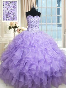 Lavender Ball Gowns Organza Sweetheart Sleeveless Beading and Ruffles Floor Length Lace Up Quince Ball Gowns