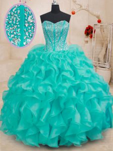 Traditional Sleeveless Floor Length Beading and Ruffles Lace Up Ball Gown Prom Dress with Turquoise