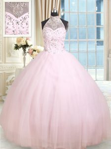 Halter Top Tulle Sleeveless Floor Length Quinceanera Gowns and Beading