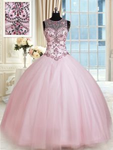 Scoop Baby Pink Sleeveless Tulle Lace Up Ball Gown Prom Dress for Military Ball and Sweet 16 and Quinceanera