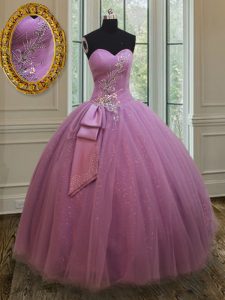 Lilac Ball Gowns Tulle Sweetheart Sleeveless Beading and Belt Floor Length Lace Up 15 Quinceanera Dress