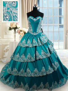 Teal Lace Up Sweetheart Beading and Embroidery and Ruffled Layers Quinceanera Gowns Taffeta Sleeveless