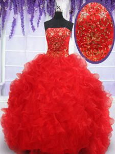 Strapless Sleeveless Vestidos de Quinceanera Floor Length Beading and Embroidery and Ruffles Red Organza