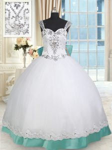 Affordable White and Green Ball Gowns Taffeta and Tulle Straps Sleeveless Beading and Lace and Bowknot Floor Length Lace Up Sweet 16 Dresses