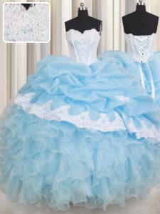 Vintage Light Blue Organza Lace Up Quinceanera Dresses Sleeveless Floor Length Beading and Lace and Ruffles and Pick Ups