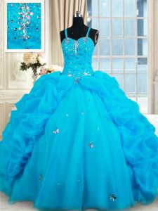 Extravagant Straps Baby Blue Sleeveless Floor Length Beading and Pick Ups Lace Up Sweet 16 Dresses