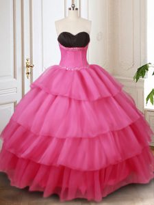 High Class Sweetheart Sleeveless Quinceanera Gowns Floor Length Beading and Ruffled Layers Hot Pink Organza
