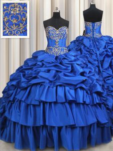Luxurious Royal Blue Ball Gowns Taffeta Sweetheart Sleeveless Beading and Ruffled Layers and Pick Ups With Train Lace Up Quinceanera Gowns Brush Train