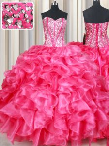 Ideal Sleeveless Floor Length Beading and Ruffles Lace Up 15 Quinceanera Dress with Hot Pink