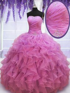 Customized Sleeveless Organza Floor Length Lace Up Quince Ball Gowns in Lilac with Beading and Ruffles