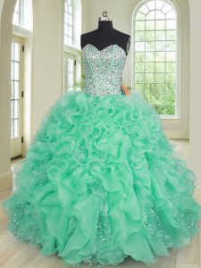 Turquoise Organza and Sequined Lace Up Ball Gown Prom Dress Sleeveless Floor Length Beading and Ruffles