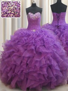 Fantastic Floor Length Lace Up Sweet 16 Quinceanera Dress Eggplant Purple for Military Ball and Sweet 16 and Quinceanera with Beading and Ruffles