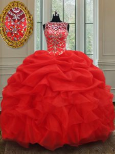 See Through Organza Sleeveless Floor Length Ball Gown Prom Dress and Beading and Ruffles