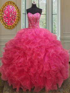 Custom Made Hot Pink Sleeveless Floor Length Beading and Ruffles Lace Up Quince Ball Gowns