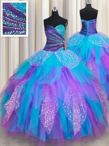 Multi-color Ball Gowns Beading and Ruffles Quinceanera Dresses Lace Up Tulle Sleeveless Floor Length