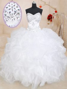Charming White Ball Gowns Beading and Ruffles Sweet 16 Dresses Lace Up Organza Sleeveless Floor Length