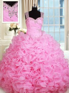 Custom Designed Straps Sleeveless 15th Birthday Dress Floor Length Beading and Ruffles Rose Pink Organza