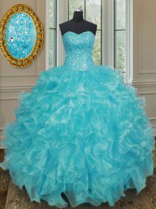 Sweetheart Sleeveless Quinceanera Dresses Floor Length Beading and Ruffles Aqua Blue Organza