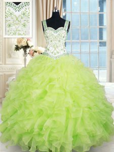 Straps Sleeveless Organza Floor Length Lace Up Quince Ball Gowns in Yellow Green with Beading and Ruffles