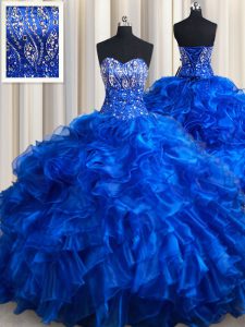 Inexpensive Royal Blue Ball Gowns Organza Sweetheart Sleeveless Beading and Ruffles Lace Up Quinceanera Gowns Brush Train