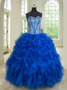 Dazzling Royal Blue Lace Up 15 Quinceanera Dress Beading and Ruffles Sleeveless Floor Length