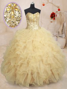 Beautiful Champagne Ball Gowns Beading and Ruffles and Sequins Quinceanera Dresses Lace Up Organza Sleeveless Floor Length