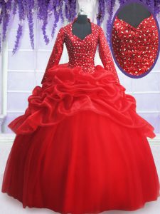 Comfortable Red Sweetheart Neckline Beading and Sequins and Pick Ups 15 Quinceanera Dress Long Sleeves Zipper