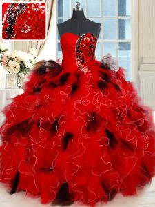 Deluxe Sweetheart Sleeveless 15th Birthday Dress Floor Length Beading and Ruffles and Sequins Black and Red Tulle