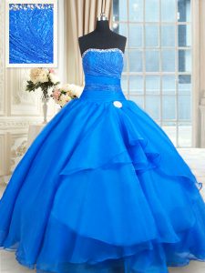 Fashion Blue Ball Gowns Strapless Sleeveless Organza Floor Length Court Train Lace Up Beading and Lace and Sequins Quinceanera Dress