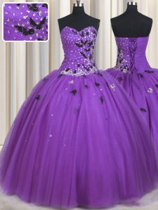 Fitting Sweetheart Sleeveless Tulle Quinceanera Dress Beading and Appliques Lace Up