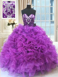 Noble Floor Length Eggplant Purple 15 Quinceanera Dress Sweetheart Sleeveless Lace Up