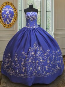 Superior Strapless Sleeveless Quinceanera Dresses Floor Length Embroidery and Bowknot Royal Blue Taffeta
