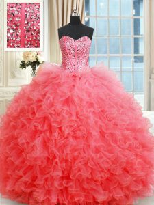 Coral Red Ball Gowns Organza Sweetheart Sleeveless Beading and Ruffles Floor Length Lace Up 15th Birthday Dress
