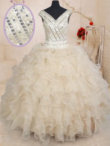 Modern Champagne Ball Gowns Beading and Ruffles and Sequins 15th Birthday Dress Zipper Organza Cap Sleeves Floor Length