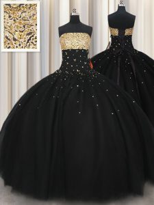 Black Tulle Lace Up Strapless Sleeveless Floor Length Quinceanera Gown Beading
