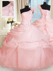 Spectacular Pink Ball Gowns One Shoulder Sleeveless Organza Floor Length Lace Up Beading and Hand Made Flower Ball Gown Prom Dress