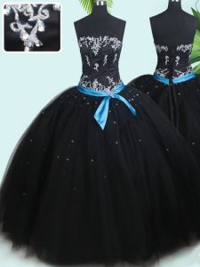 Black Ball Gowns Beading and Belt Vestidos de Quinceanera Lace Up Tulle Sleeveless Floor Length