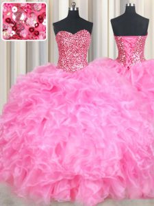Artistic Sleeveless Organza Floor Length Lace Up 15th Birthday Dress in Rose Pink with Beading and Ruffles and Sequins