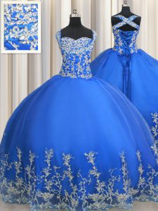 Straps Blue Sleeveless Tulle Lace Up Vestidos de Quinceanera for Military Ball and Sweet 16 and Quinceanera